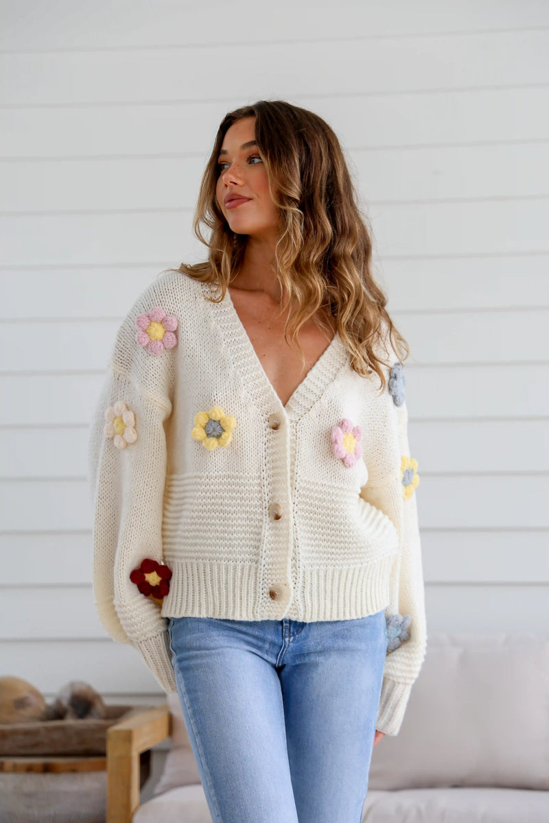 Mayfair Flower Knit Cardigan - Creamy Winter White