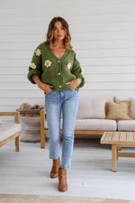 Mayfair Flower Knit Cardigan - Khaki