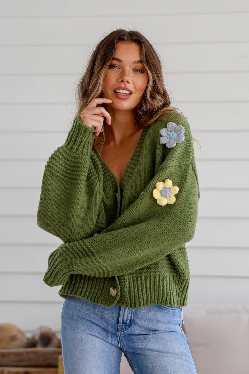 Mayfair Flower Knit Cardigan - Khaki