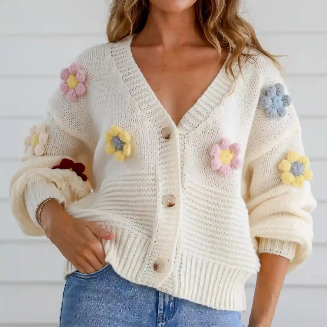 Mayfair Flower Knit Cardigan - Creamy Winter White
