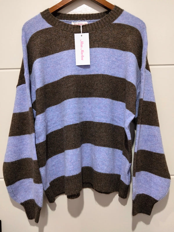 Brady Bunch stripe knit in lilac and chocolate – front flat lay showing full length