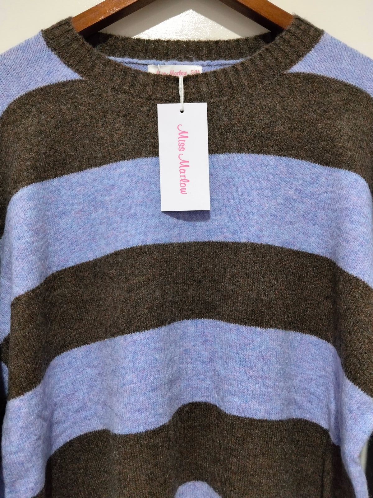 Brady Bunch stripe knit lilac chocolate – styled outfit flat lay