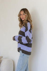 Miss Marlow Brady Bunch knit in lilac and chocolate – side view showing drop shoulder
