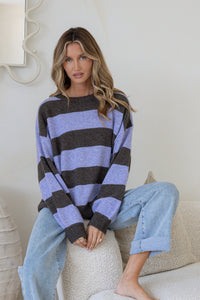 Miss Marlow Brady Bunch stripe jumper lilac chocolate – styled with casual outfit