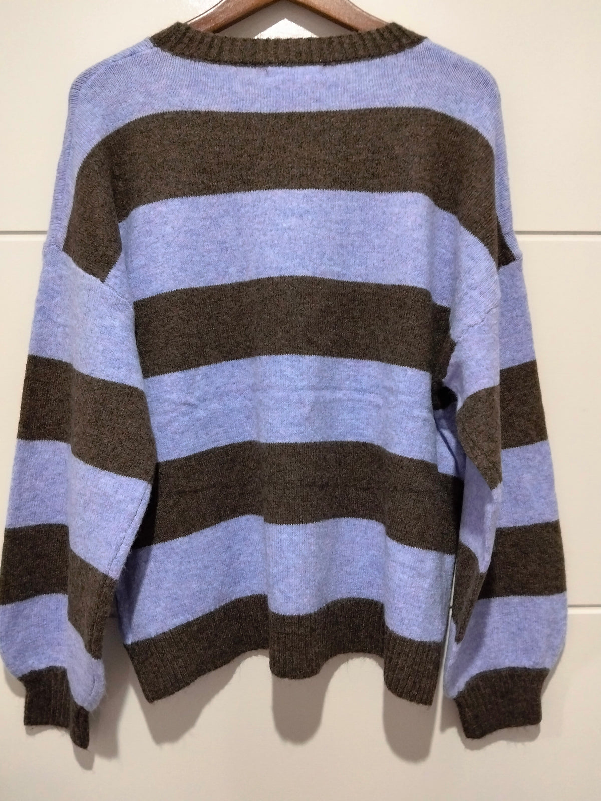 Brady Bunch knit in lilac and chocolate stripe – back view showing rib hem detail