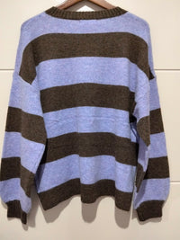 Brady Bunch knit in lilac and chocolate stripe – back view showing rib hem detail