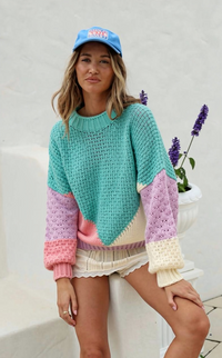 Penelope Colour Block Knit Jumper ~ Green, Lilac, Pink and Cream
