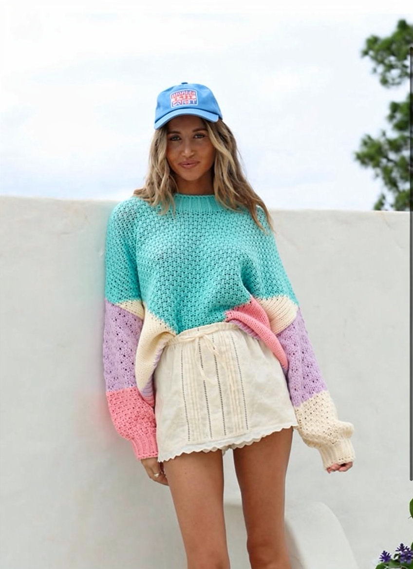 Penelope Colour Block Knit Jumper ~ Green, Lilac, Pink and Cream