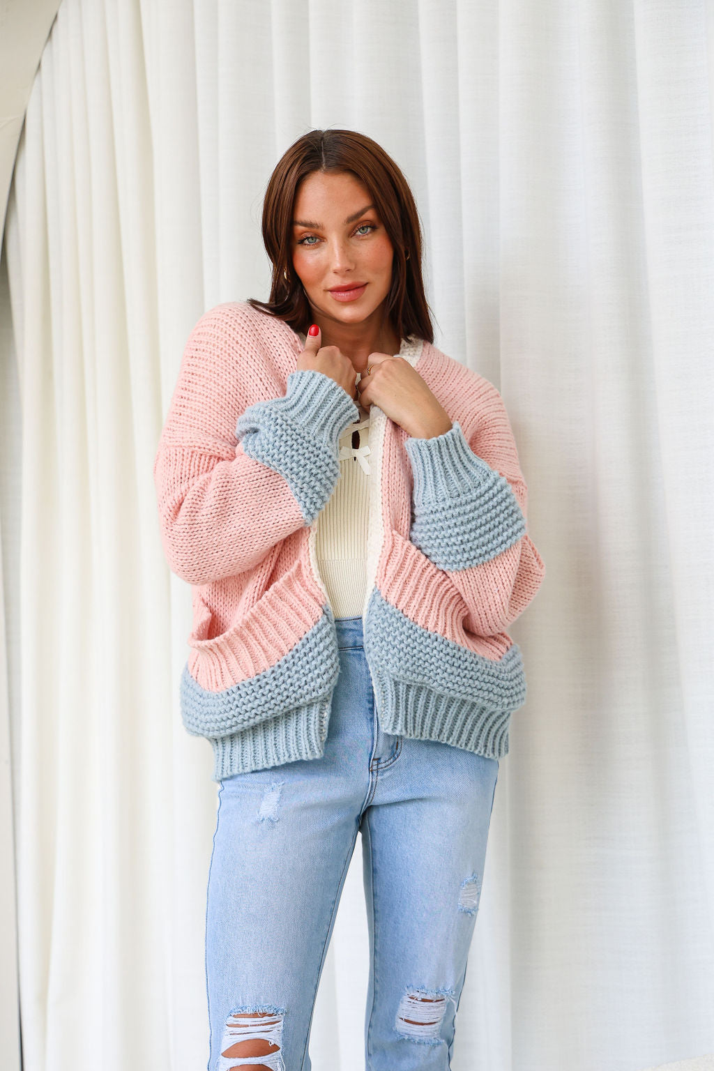 Minnesota Chunky Pocket Cardi ~ Pink, Blue and Cream