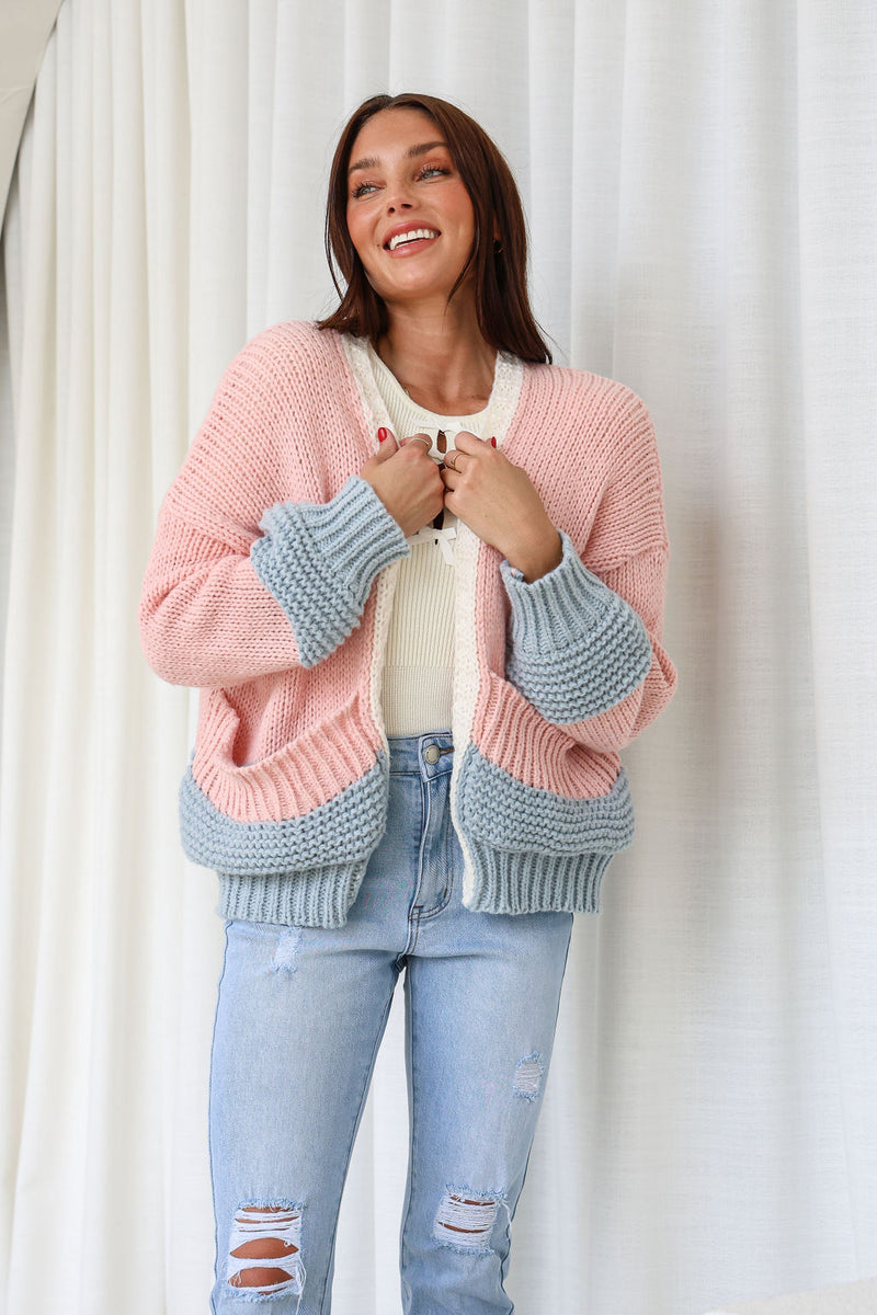 Minnesota Chunky Pocket Cardi - Pink, Blue and Cream