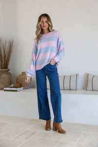 Brady Bunch Stripe Knit blue pink – full length model front view