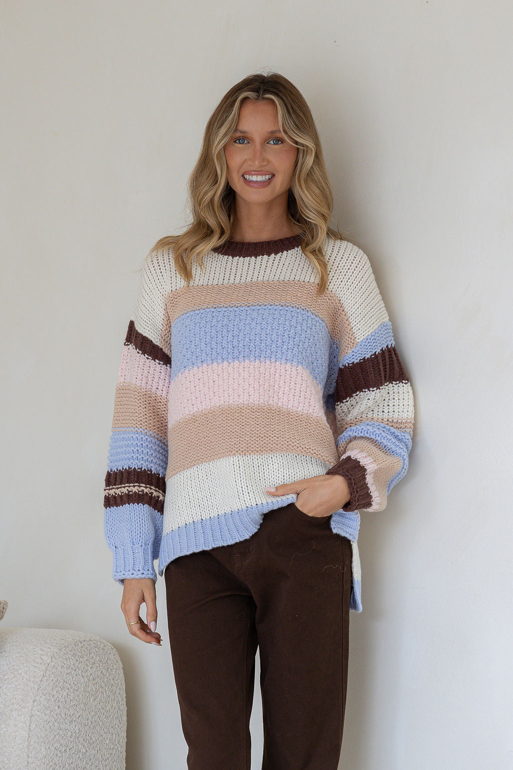 Bastille Chunky Knit Jumper blue stripe – smiling model front shot with hand in pocket