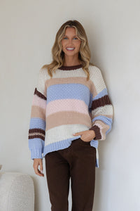 Bastille Chunky Knit Jumper blue stripe – smiling model front shot with hand in pocket