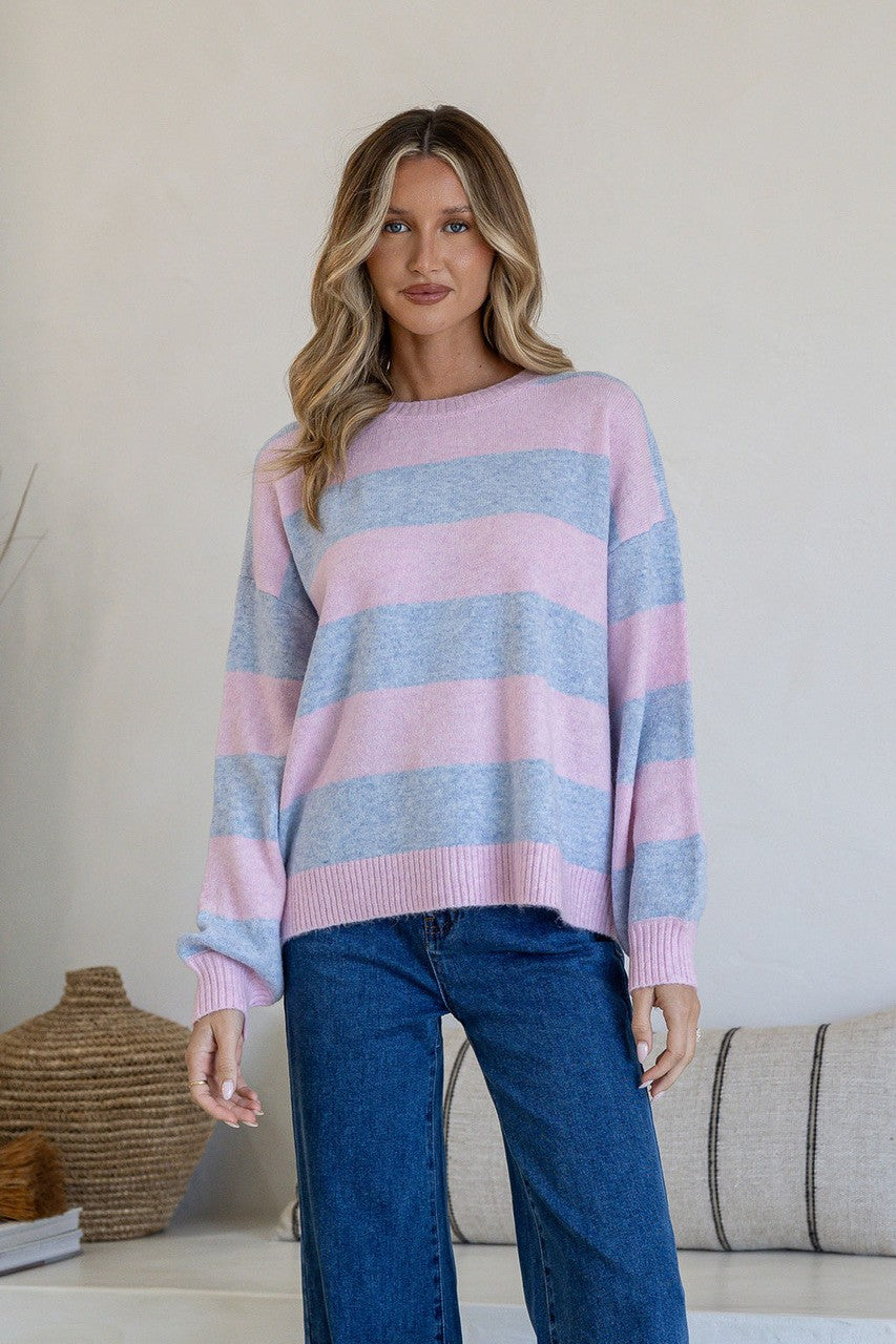 Brady Bunch Stripe Knit blue pink – model front shot