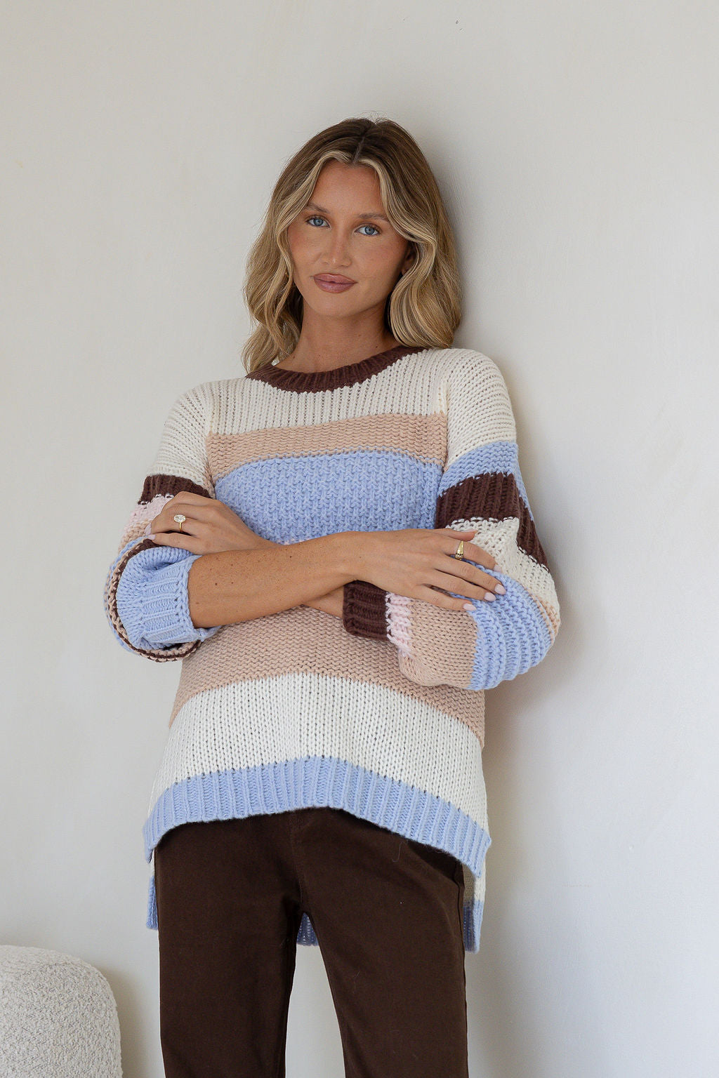 Bastille Chunky Knit Jumper blue stripe – model front view arms crossed alternate shot