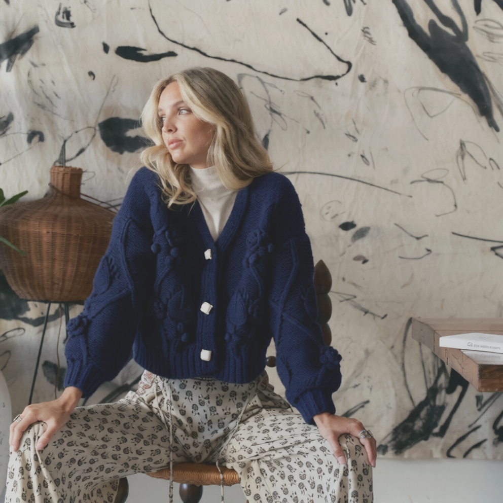 Cozy Knit Cardi Floral ~ Navy