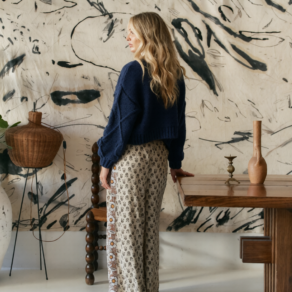 Cozy Knit Cardi Floral ~ Navy