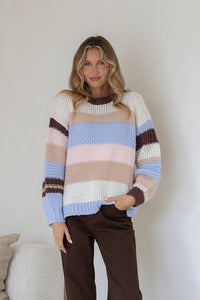 Bastille Chunky Knit Jumper blue stripe – model styled front shot