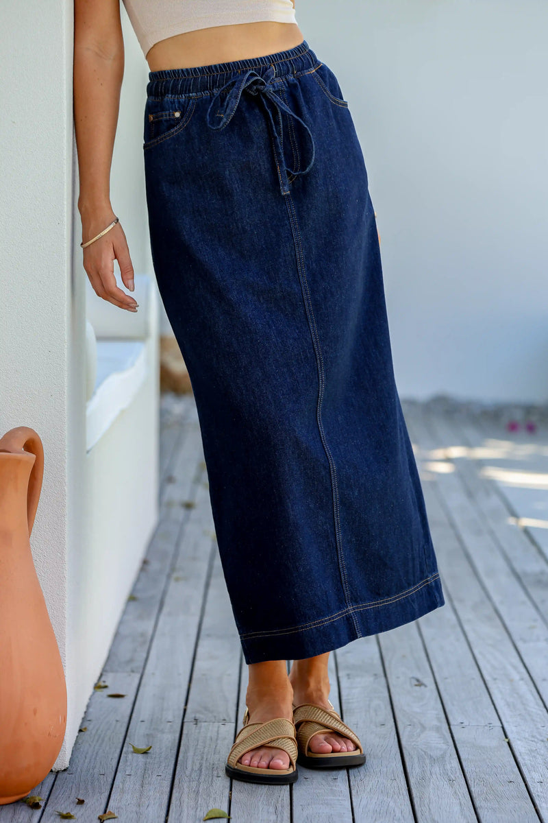 Portsea Denim Maxi Skirt Dark Blue