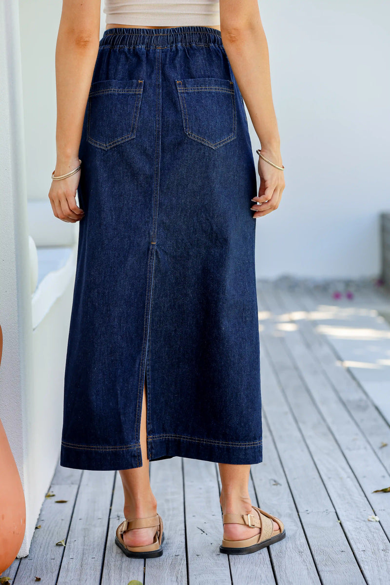 Portsea Denim Maxi Skirt Dark Blue