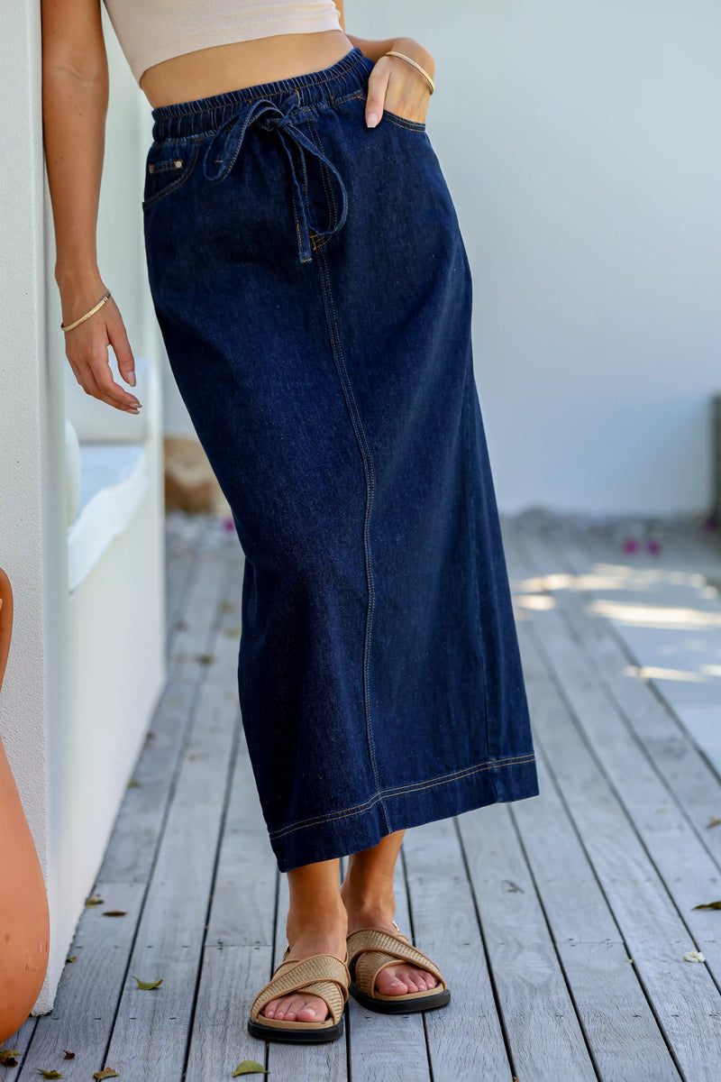 Portsea Denim Maxi Skirt Dark Blue