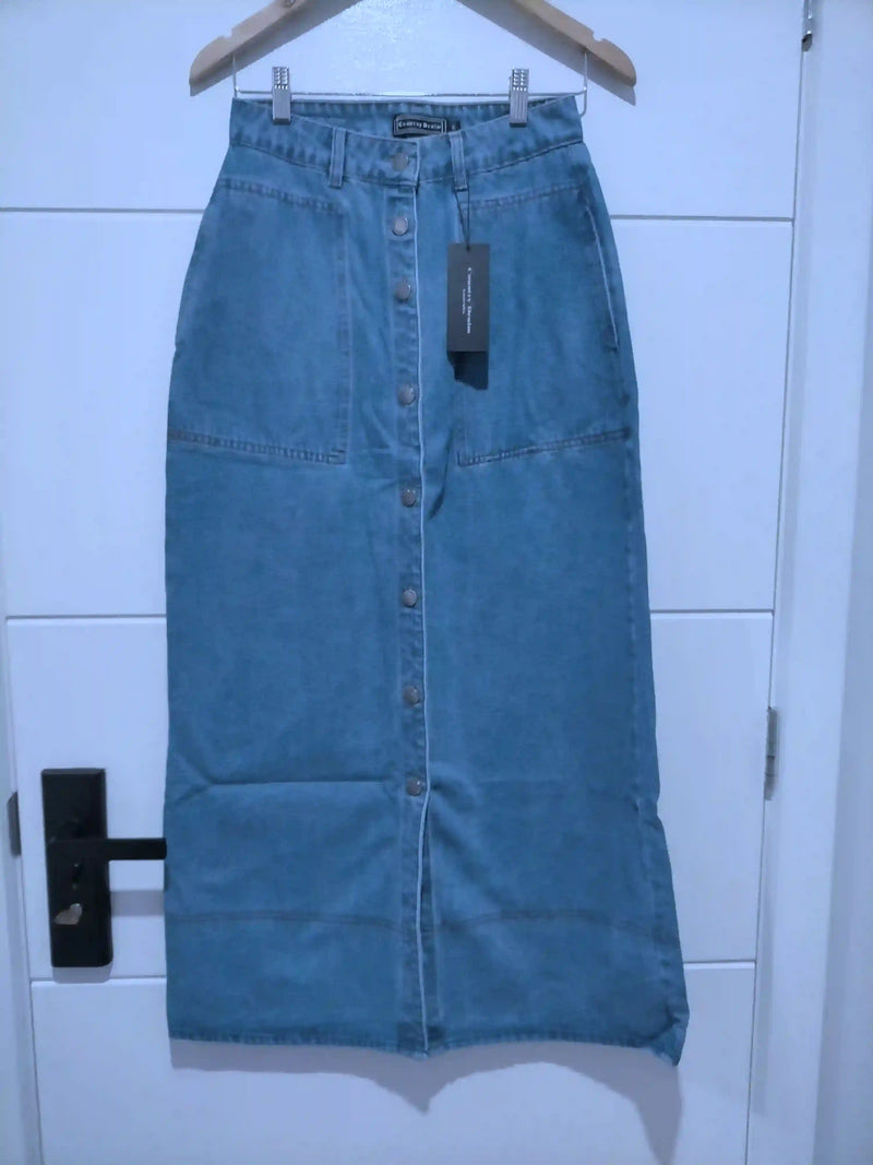 Presley Denim Button Front Maxi Skirt Mid Blue