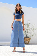 Presley Denim Button Front Maxi Skirt Mid Blue