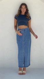 Presley Denim Button Front Maxi Skirt Mid Blue