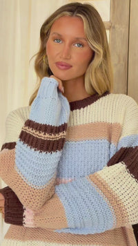 Video of Bastille Chunky Knit Jumper blue stripe by Miss Marlow – fit and stripe detail