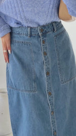Presley Denim Button Front Maxi Skirt Mid Blue
