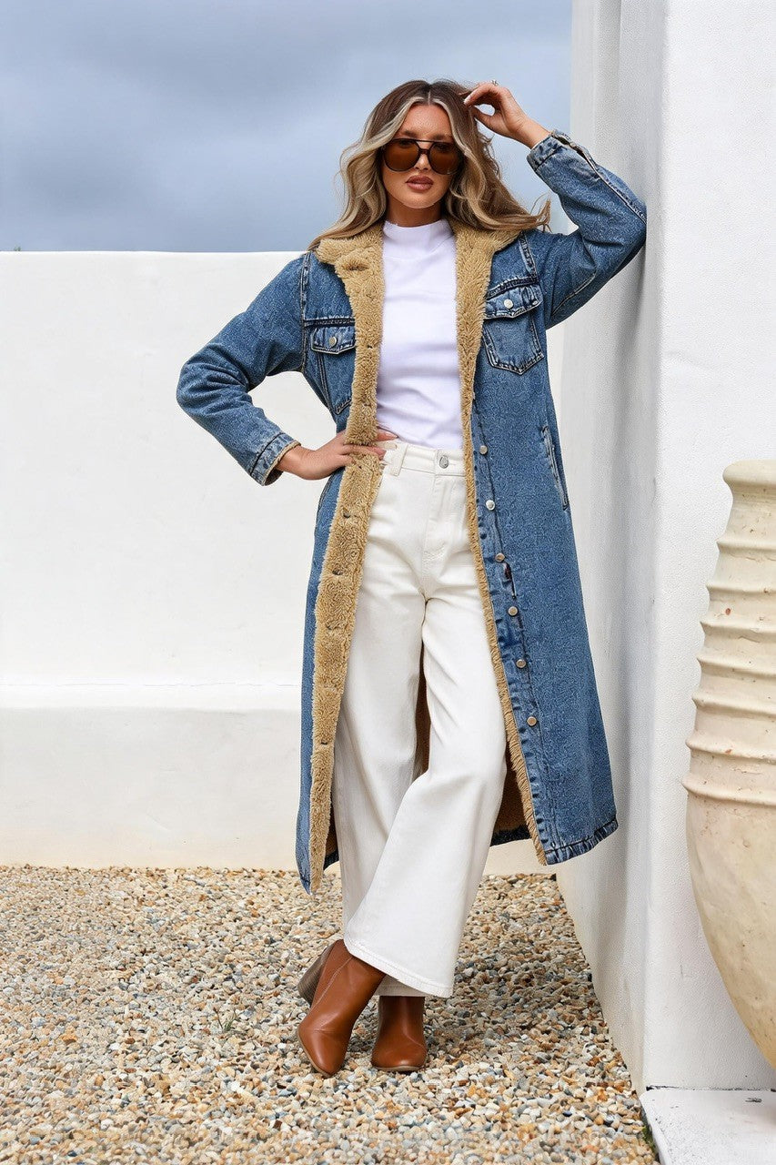 Maison Denim Sherpa Longline Jacket ~ Stonewash Blue