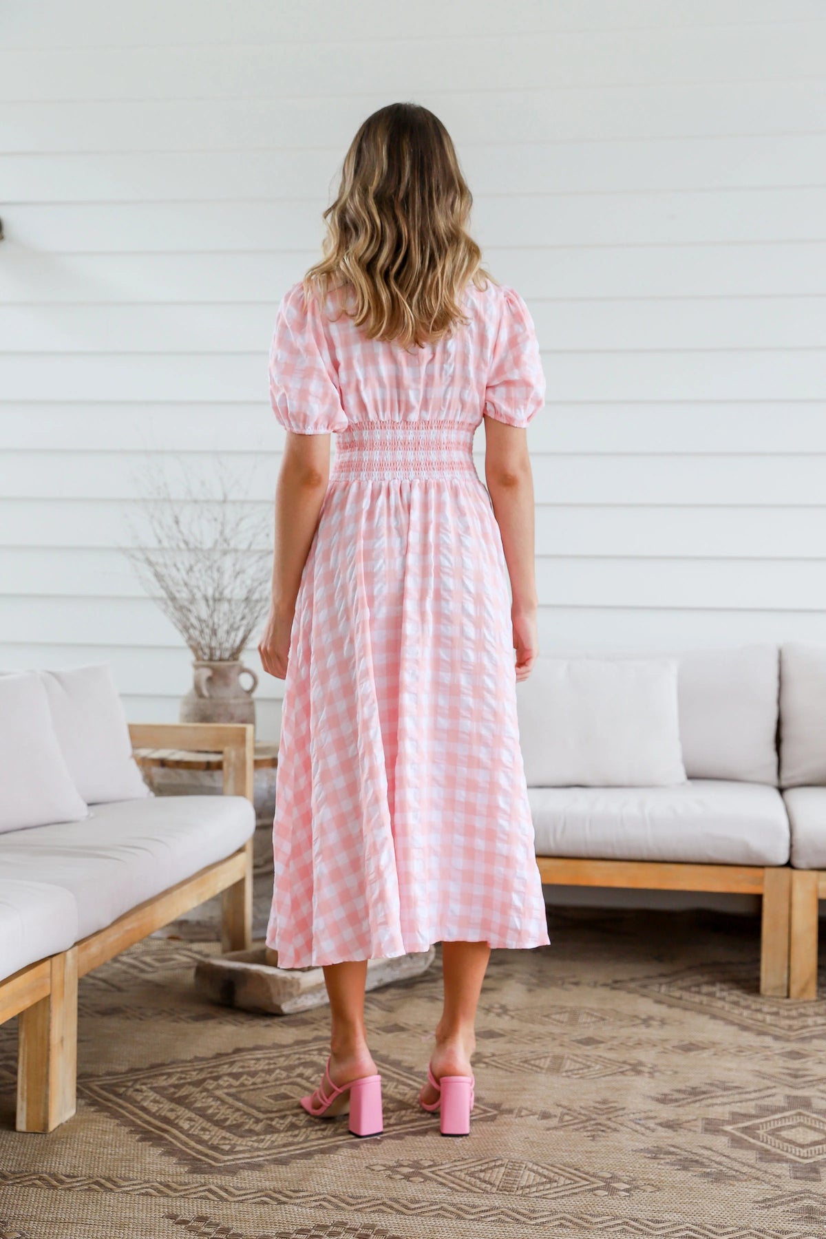 Spring Check Midi Dress Blush Print