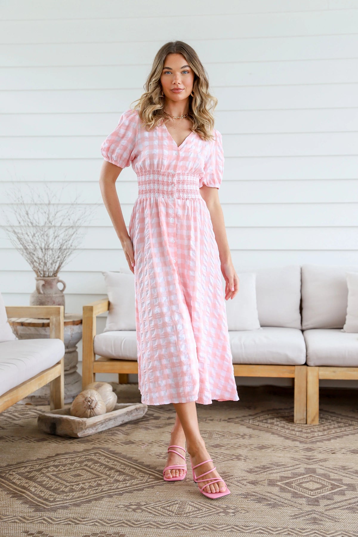 Spring Check Midi Dress Blush Print