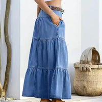 Texas Hold Em Denim Zip Front Maxi Skirt Mid Blue