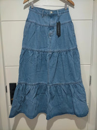 Texas Hold Em Denim Zip Front Maxi Skirt Mid Blue