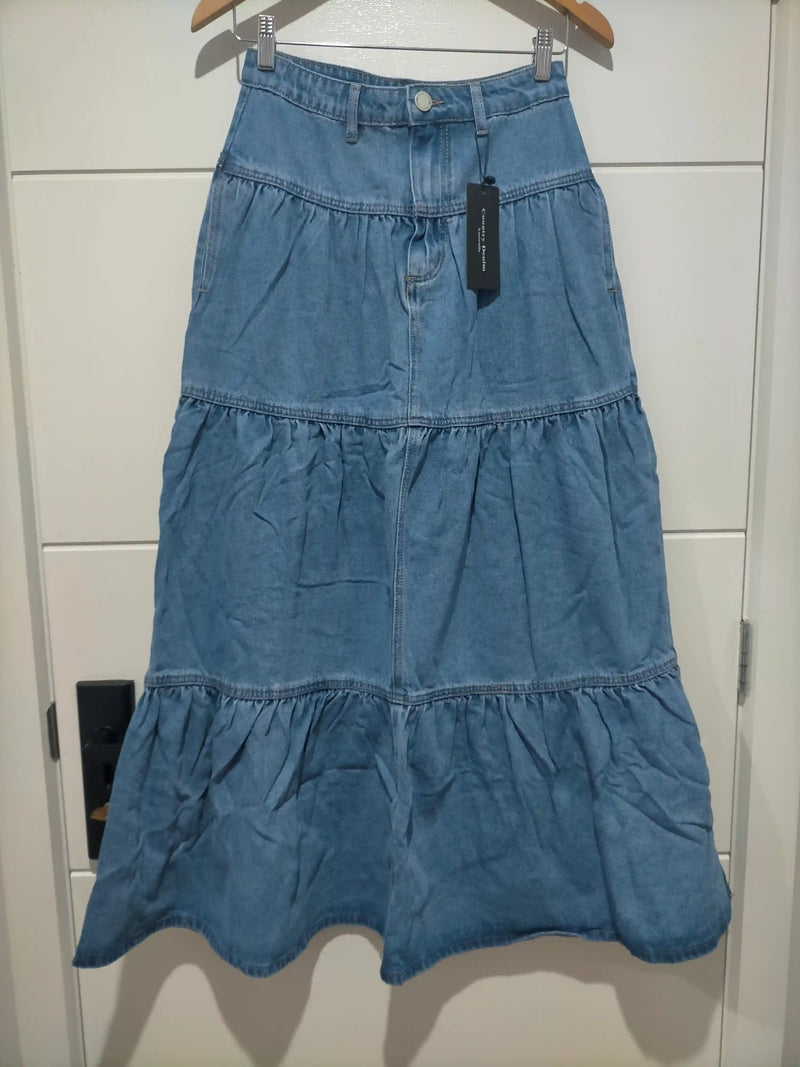 Texas Hold Em Denim Zip Front Maxi Skirt Mid Blue
