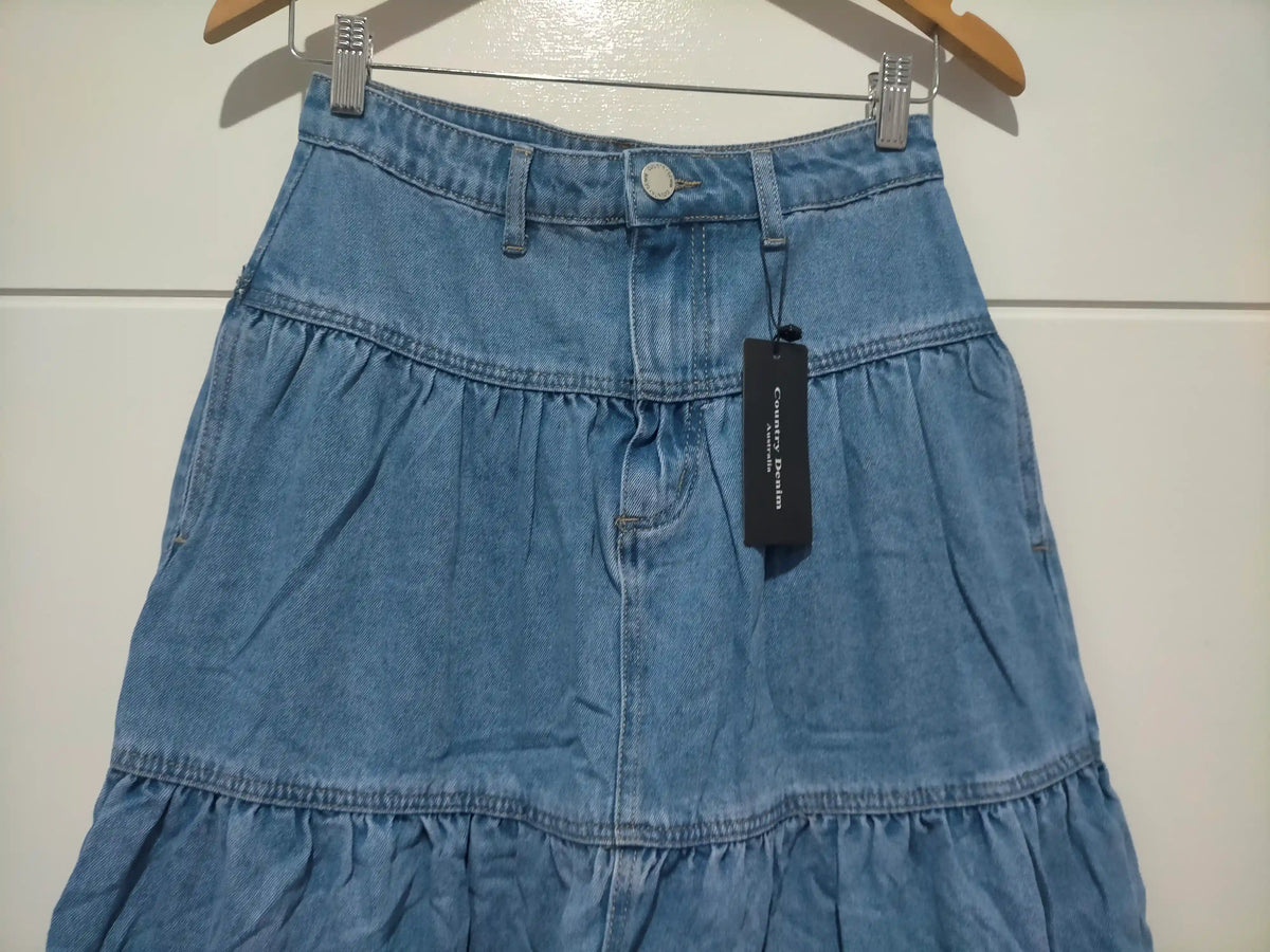 Texas Hold Em Denim Zip Front Maxi Skirt Mid Blue