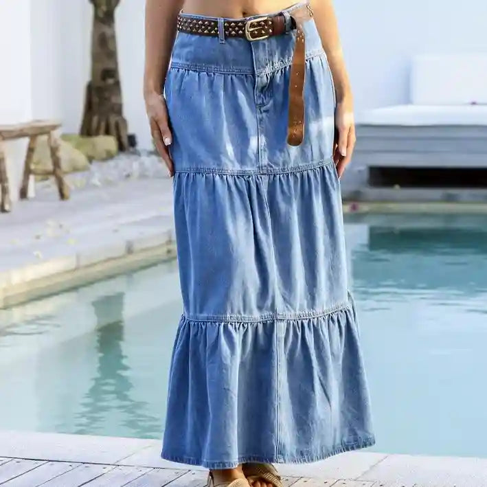 Texas Hold Em Denim Zip Front Maxi Skirt Mid Blue