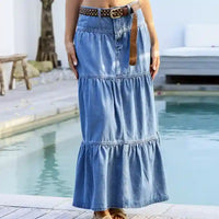 Texas Hold Em Denim Zip Front Maxi Skirt Mid Blue