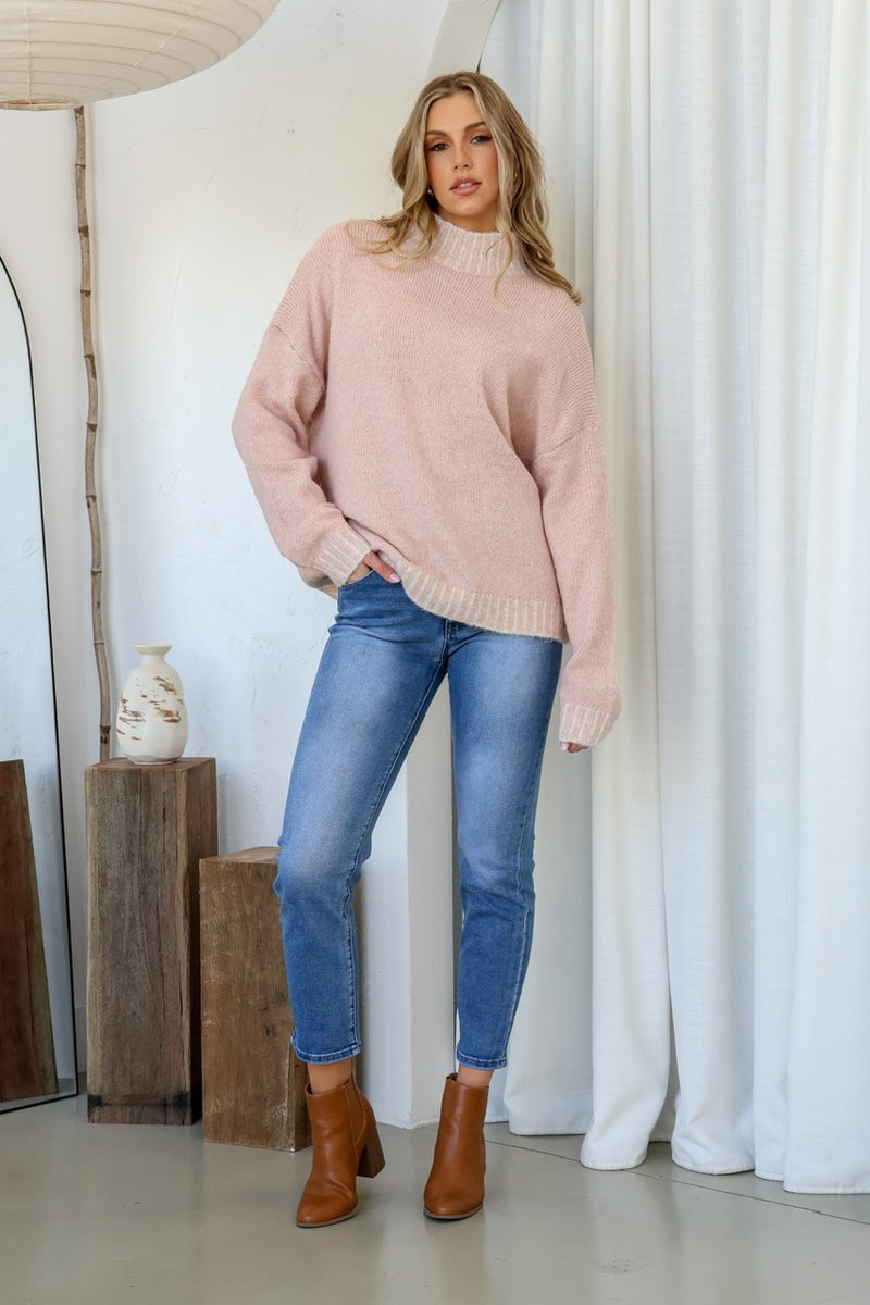Tilly Crew Neck Blanket Stitch Knit - Blush