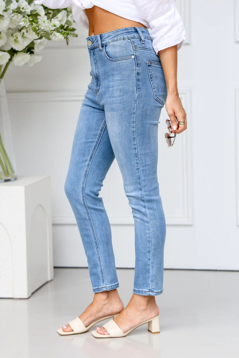 Torquay Super Stretch Crop Skinny Jeans - Mid Wash Blue