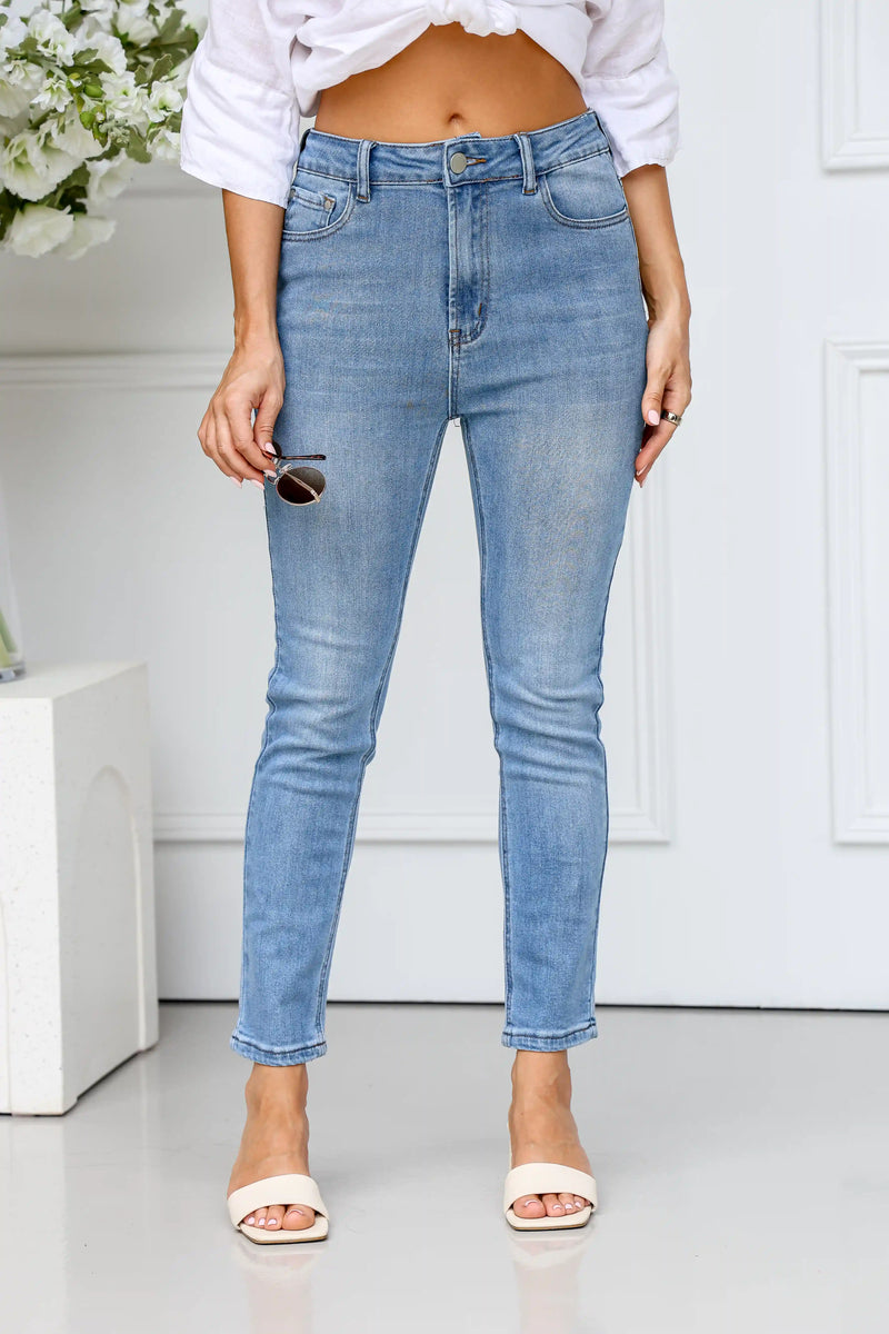 Torquay Super Stretch Crop Skinny Jeans - Mid Wash Blue