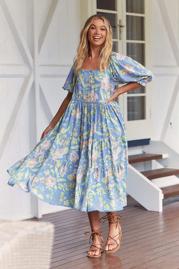 Rosella Midi Dress Blue Dusk print