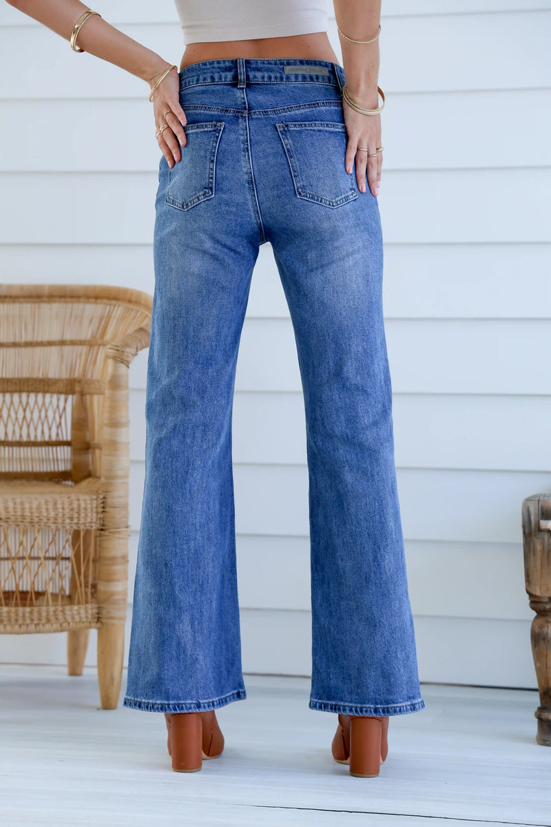 Woodstock Seam Flare Wide Jeans - Mid Blue