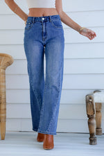 Woodstock Seam Flare Wide Jeans - Mid Blue