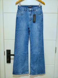 Woodstock Seam Flare Wide Jeans - Mid Blue