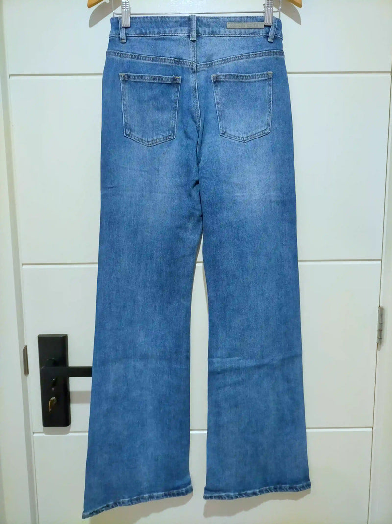 Woodstock Seam Flare Wide Jeans - Mid Blue