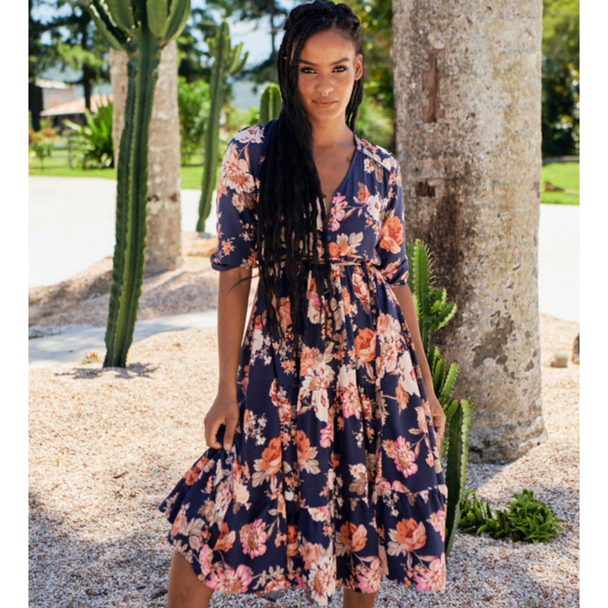 Eve Midi Dress Winter Rose Navy Print by Jaase Kenzie Tenzie