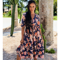 Eve Midi Dress Winter Rose Navy Print by Jaase Kenzie Tenzie