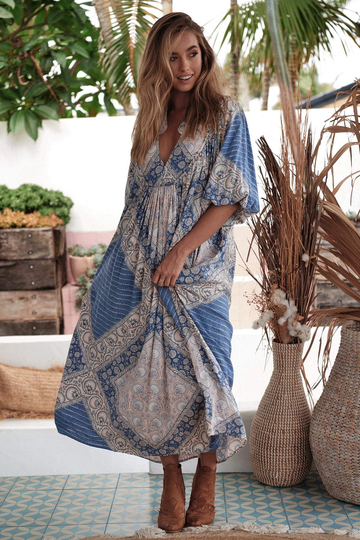 Boheme Midi Dress Denim Skies Print by Jaase Kenzie Tenzie